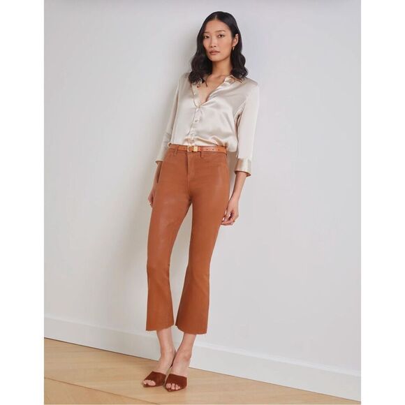 L'Agence Womens Kendra Coated Cropped Flare Flat Front Raw Hem Jeans Pants Java